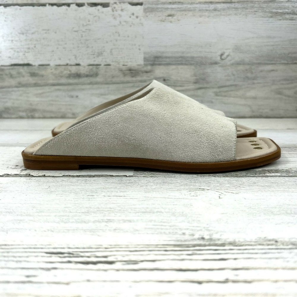 FRAME Le Hewitt Suede Slides Inverted Stacked Heel Cream Leather Women Size 7.5.